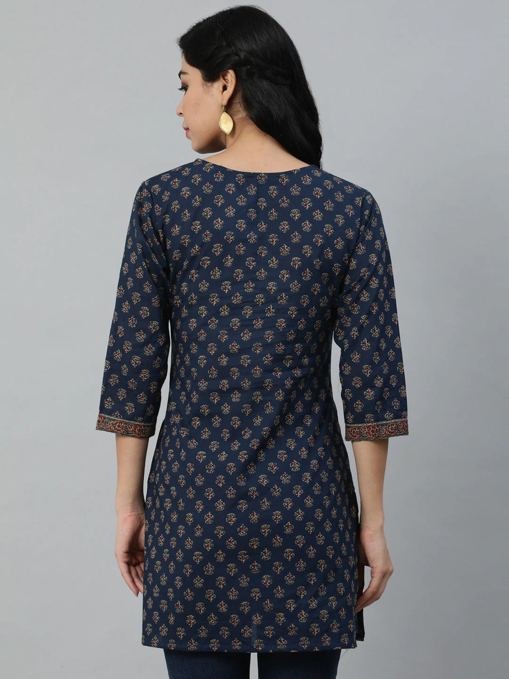 Navy Blue Classic Cotton Printed Short Kurti Top