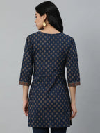 Navy Blue Classic Cotton Printed Short Kurti Top