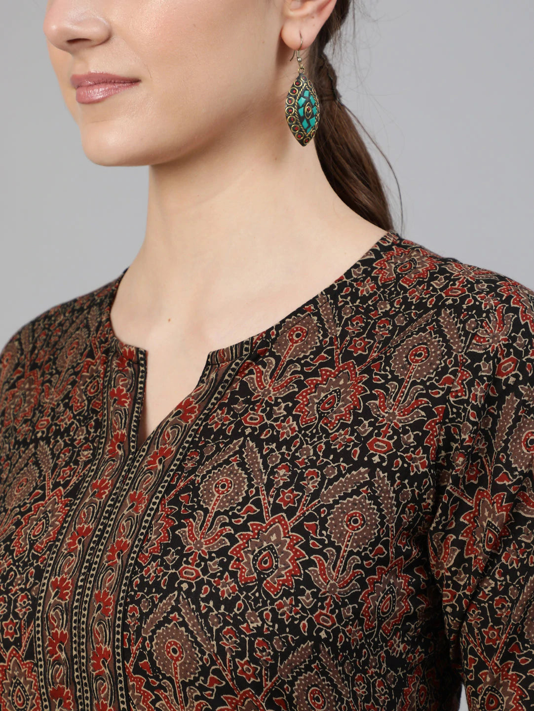 Black & Red Block Printed Cotton Kurta
