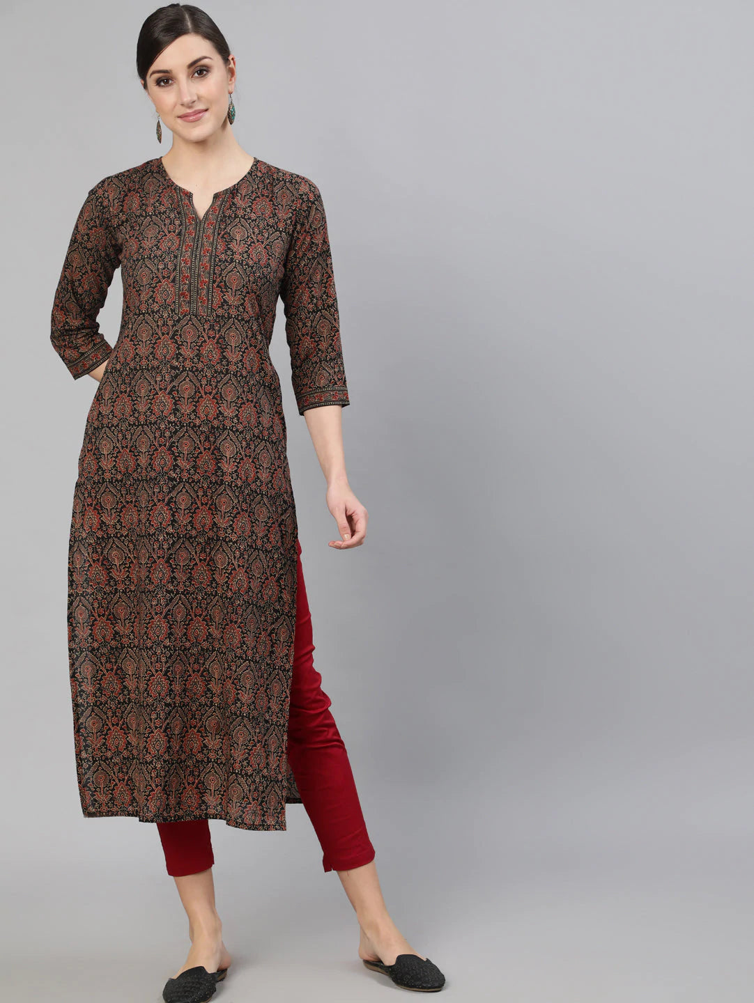Black & Red Block Printed Cotton Kurta