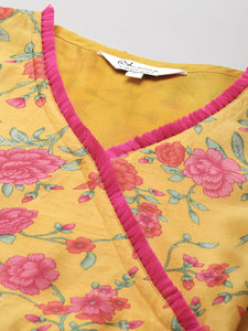 Yellow & Magenta Floral Printed Angrakha style Anarkali Kurti with Palazzo