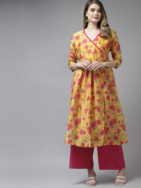 Yellow & Magenta Floral Printed Angrakha style Anarkali Kurti with Palazzo