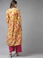 Load image into Gallery viewer, Yellow &amp; Magenta Floral Printed Angrakha style Anarkali Kurti with Palazzo
