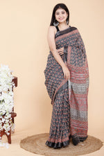 Load image into Gallery viewer, Grey Red Hand Block Printed Linen Saree
