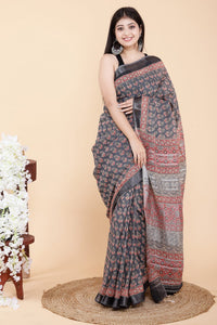 Grey Red Hand Block Printed Linen Saree