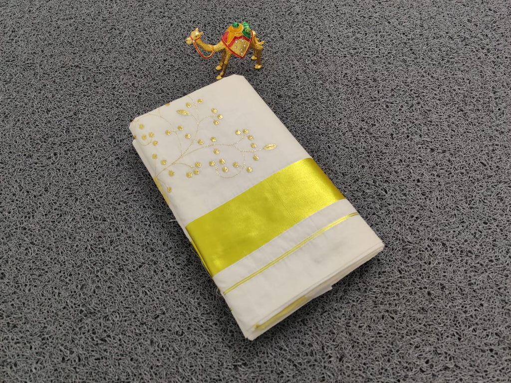 Kerala Cotton Saree with Zari  Border & Floral Embroidery work