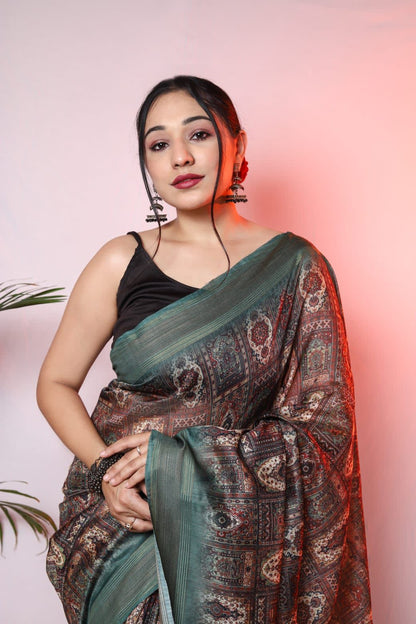 Teal Digital printed Muslin Saree