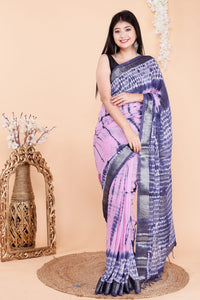 Pink & Blue Tie Dye Pure Linen Saree