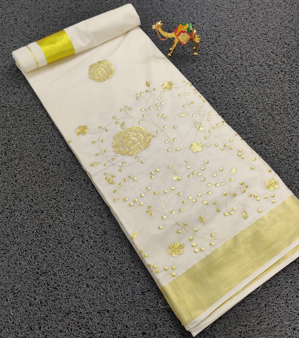 Kerala Cotton Saree with Zari  Border & Floral Embroidery work
