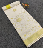 Kerala Cotton Saree with Zari  Border & Floral Embroidery work