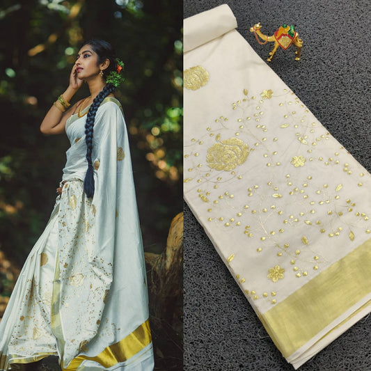 Kerala Cotton Saree with Zari  Border & Floral Embroidery work