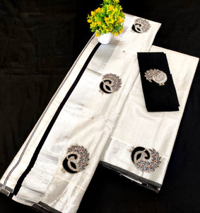 Peacock Design Silver Tissue Set Mundu with Silver Zari & Bead work