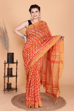 Load image into Gallery viewer, Orange Printed Soft Linen Cotton Saree
