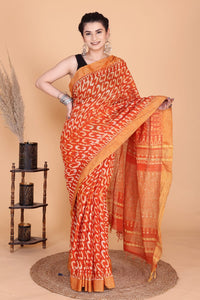 Orange Printed Soft Linen Cotton Saree