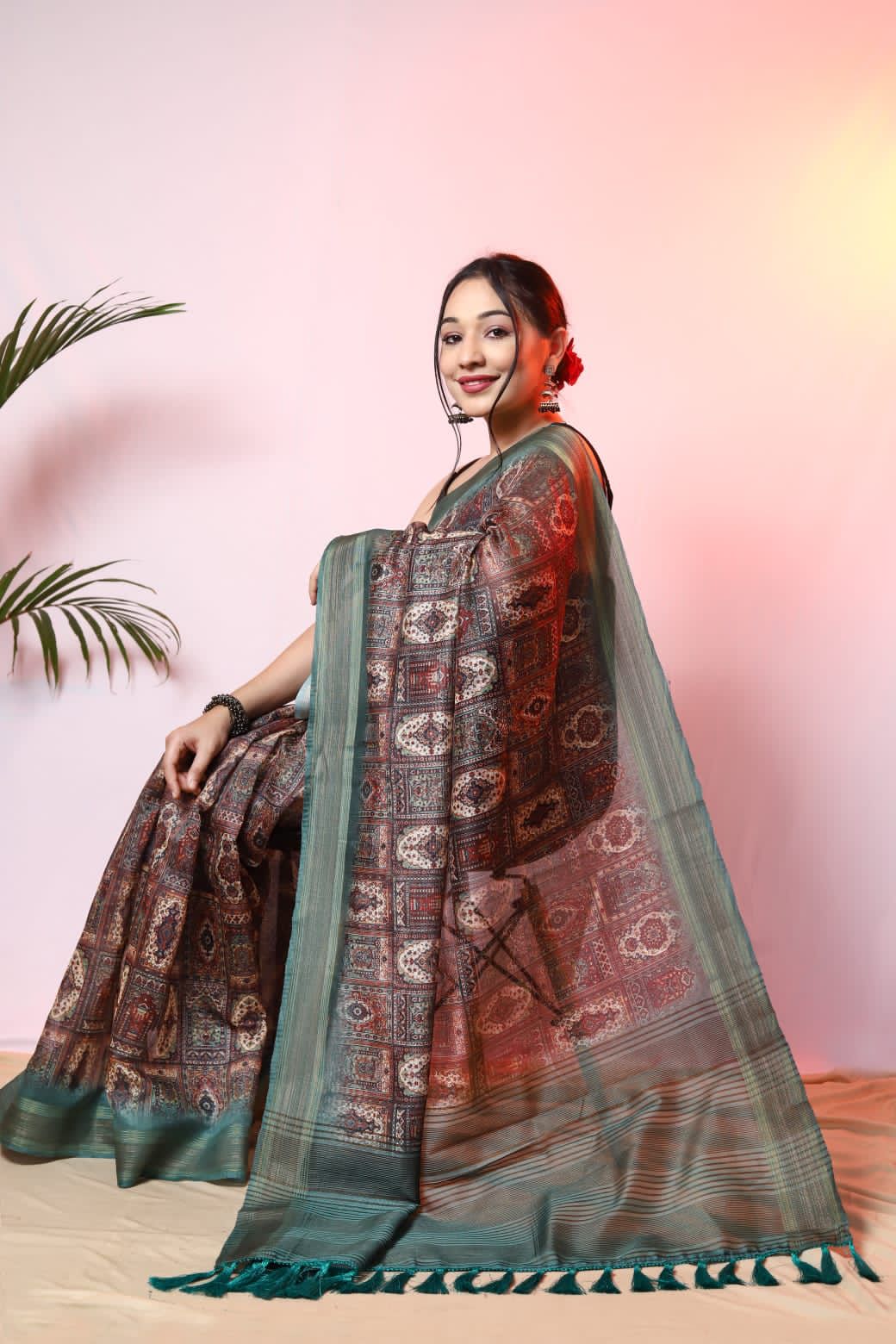 Teal Digital printed Muslin Saree