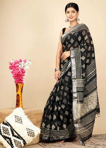 Black & White Block Printed Linen Saree