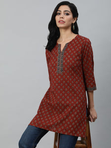 Classic Cotton Maroon Printed Short Kurti Top