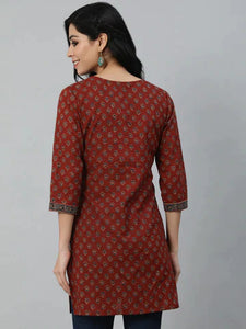 Classic Cotton Maroon Printed Short Kurti Top