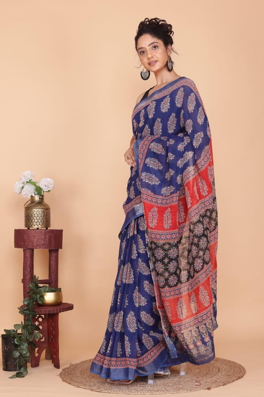 Navy Blue Printed Linen Saree