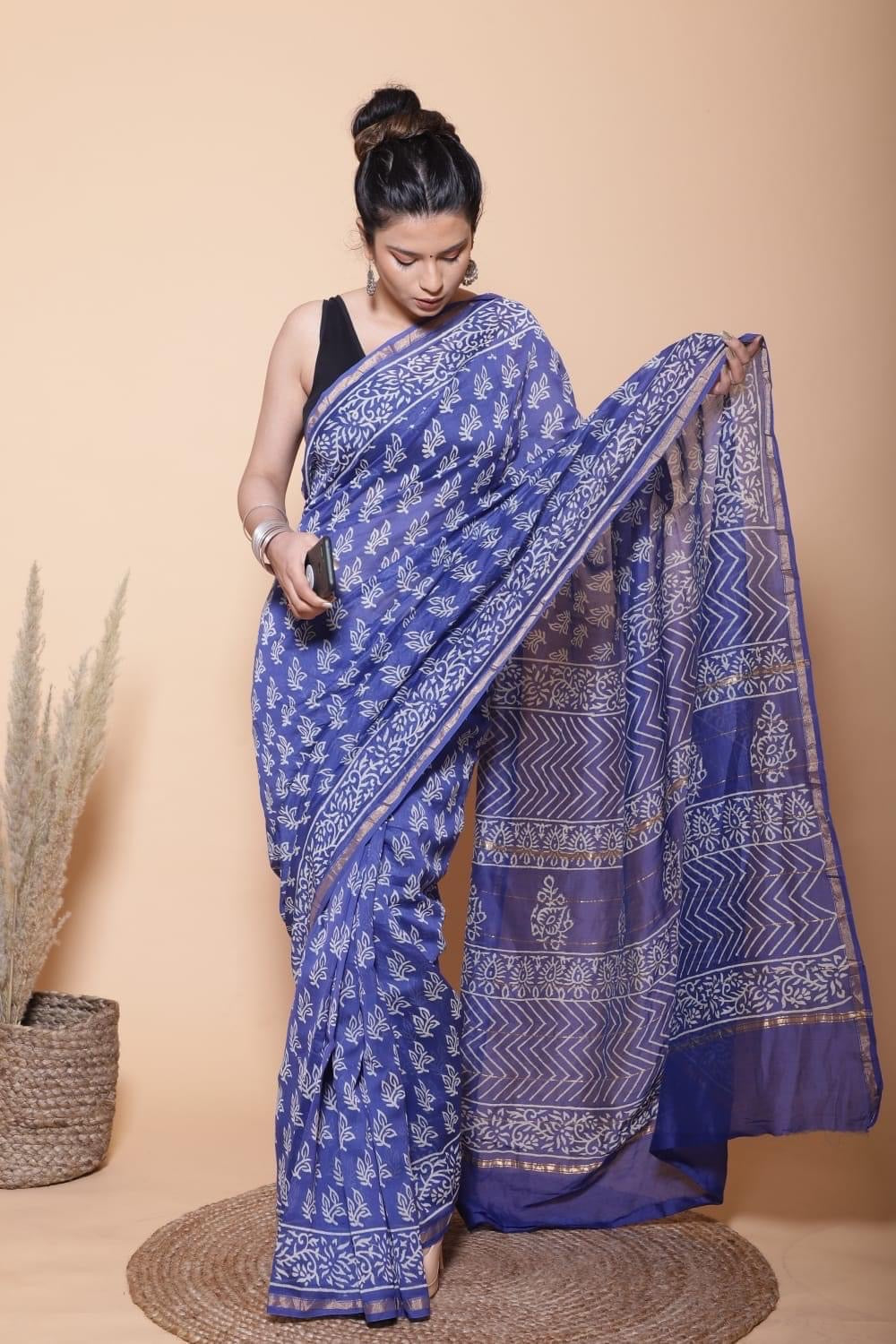 Royal Blue Pure Chanderi  Saree