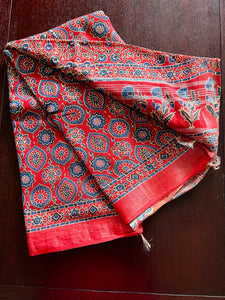Red Blue Ajrak Printed Linen Saree