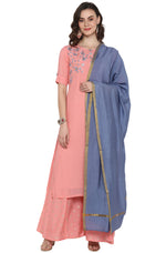 Load image into Gallery viewer, Pink &amp; Blue Embroidered Muslin Kurti Palazzo Set
