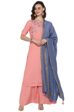 Load image into Gallery viewer, Pink &amp; Blue Embroidered Muslin Kurti Palazzo Set
