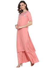 Load image into Gallery viewer, Pink &amp; Blue Embroidered Muslin Kurti Palazzo Set

