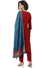 Load image into Gallery viewer, Deep Maroon Rayon Kurti Pants Set with Blue Printed Dupatta
