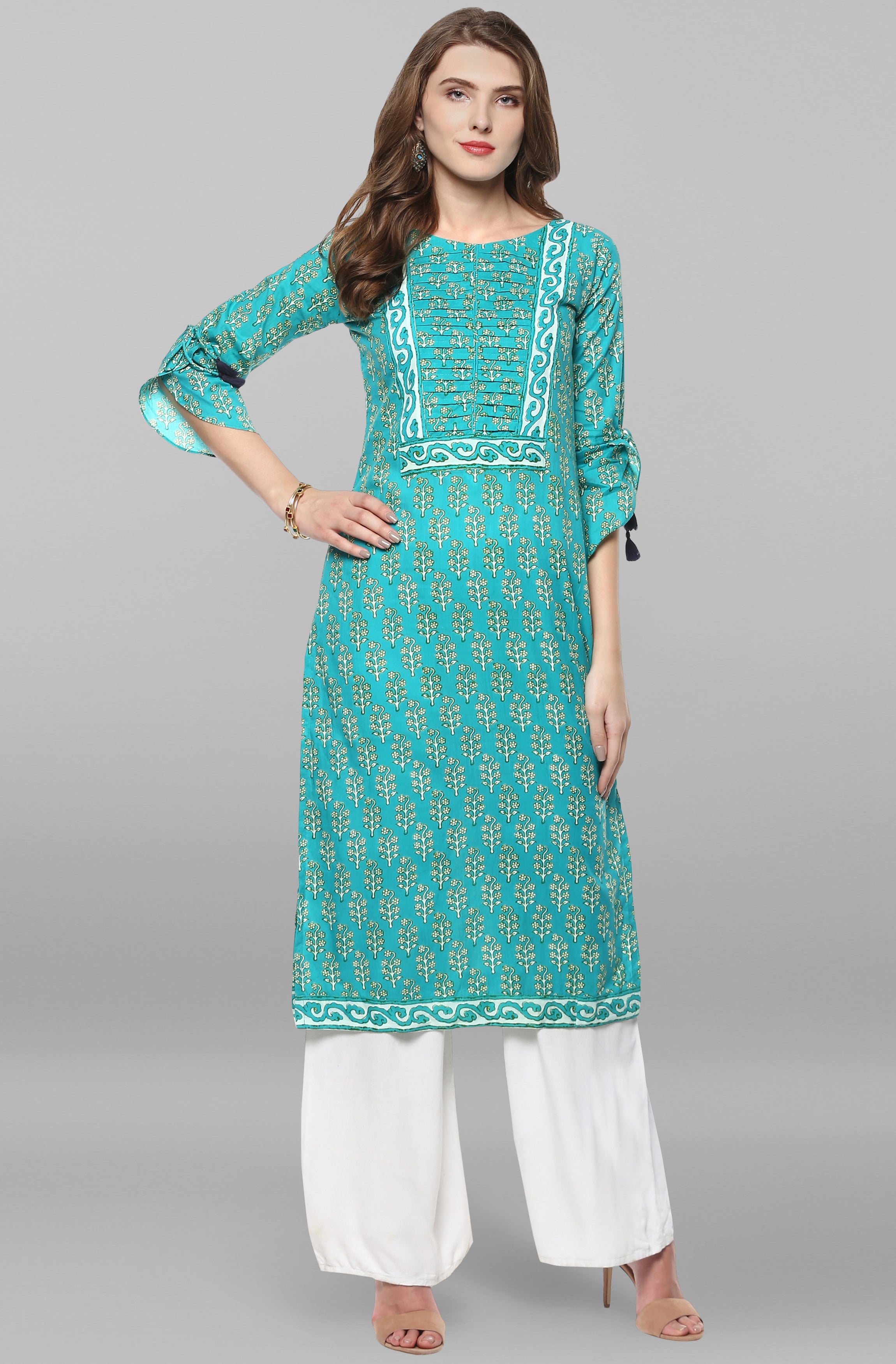 Turquoise Green Block Printed Cotton Kurti Top