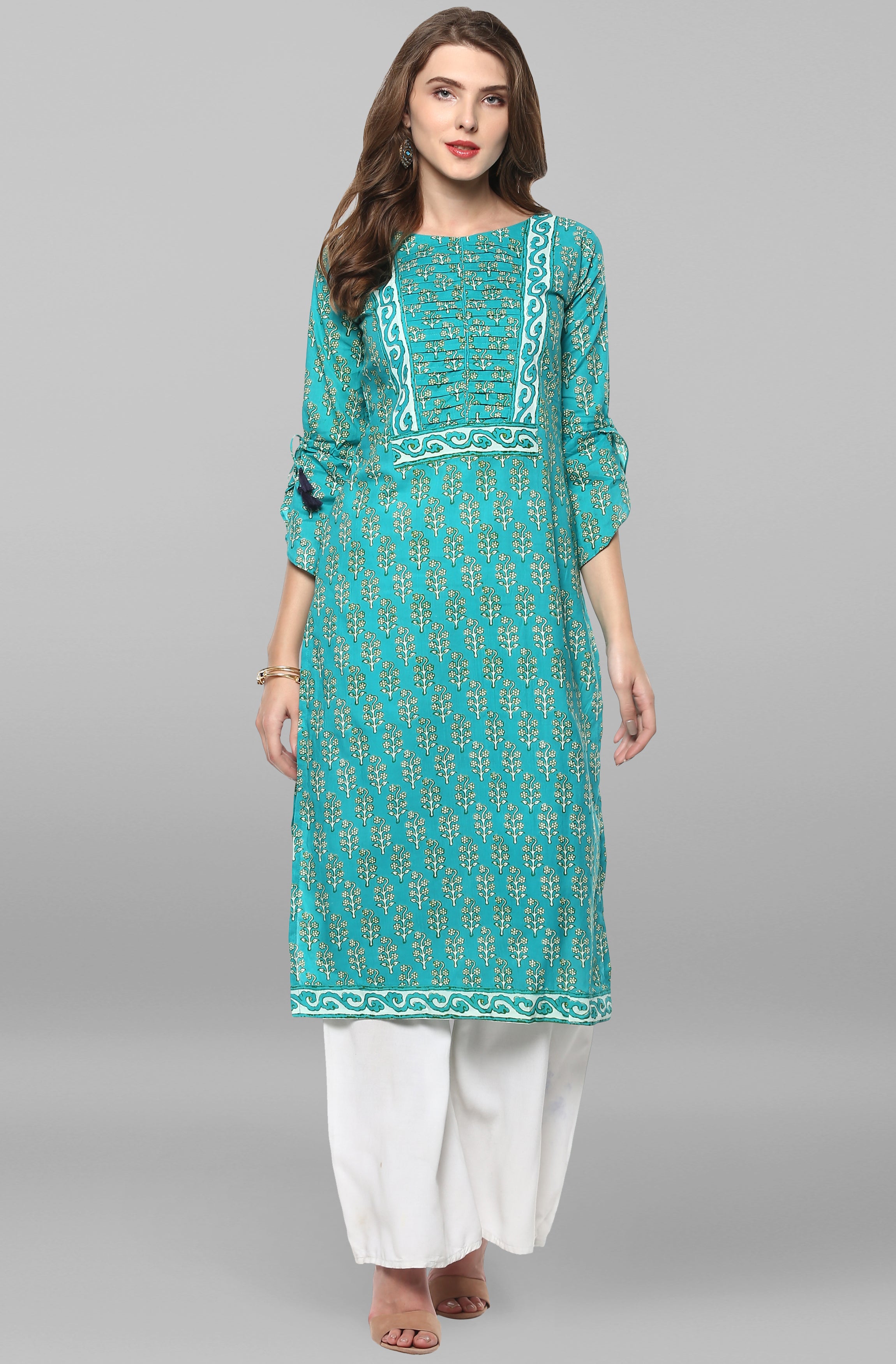 Turquoise Green Block Printed Cotton Kurti Top