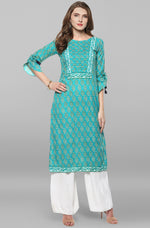 Load image into Gallery viewer, Turquoise Green Block Printed Cotton Kurti Top
