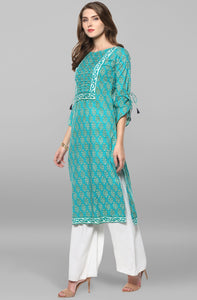 Turquoise Green Block Printed Cotton Kurti Top