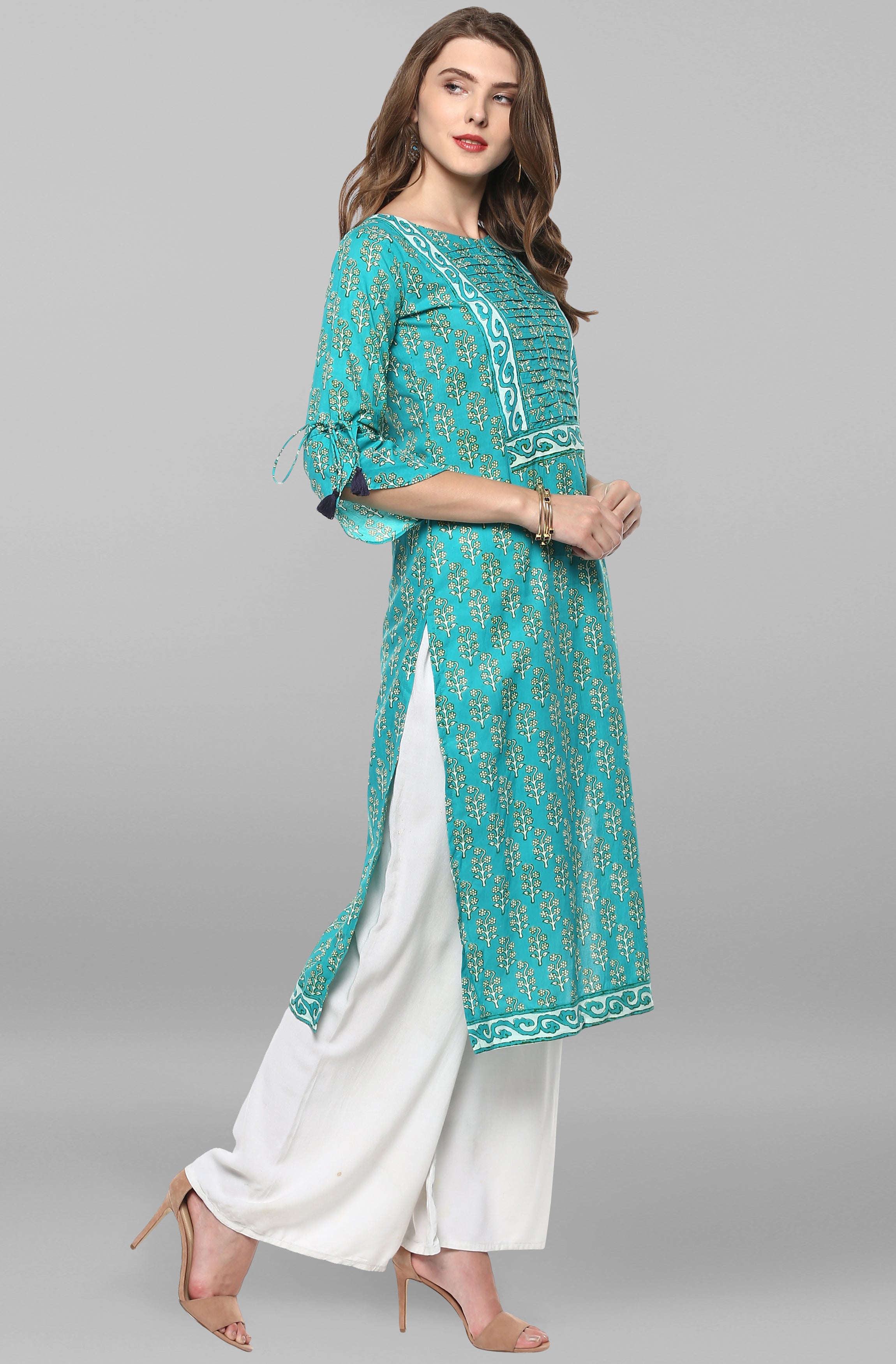 Turquoise Green Block Printed Cotton Kurti Top