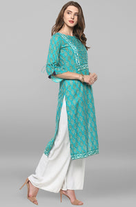 Turquoise Green Block Printed Cotton Kurti Top