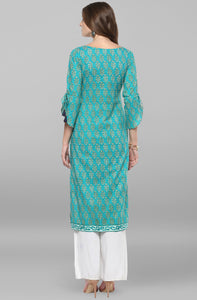 Turquoise Green Block Printed Cotton Kurti Top