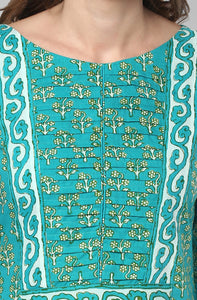 Turquoise Green Block Printed Cotton Kurti Top