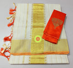 Load image into Gallery viewer, Kerala Cotton Saree with Zari  &amp; Matching Blouse Piece

