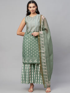 Green Grey Printed Kurta Sharara with Dupatta set