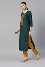 Load image into Gallery viewer, Green &amp; Gold Yoke Embroidered Kurti Pants Set with Dupatta
