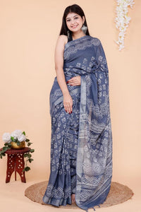 Grey Block Printed Linen Saree