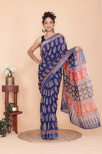 Navy Blue Printed Linen Saree