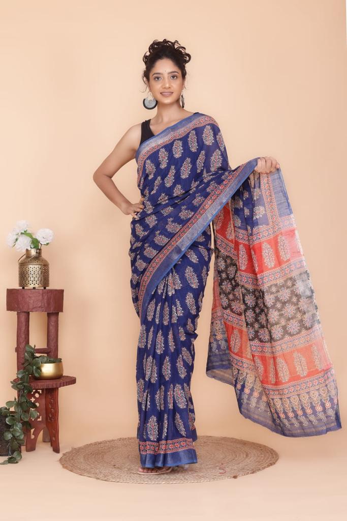 Navy Blue Printed Linen Saree