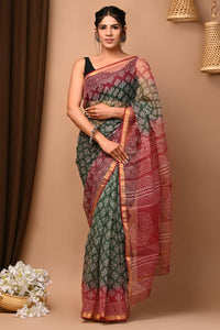 Green Red Bagru Printed Kota Doria Saree with zari border