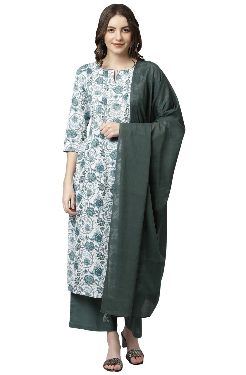 Grey  Cotton Kurta Palazzo Set With Dupatta