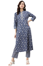 Load image into Gallery viewer, Navy Blue &amp; White Block Printed  Soft Cotton Kurti With Pants
