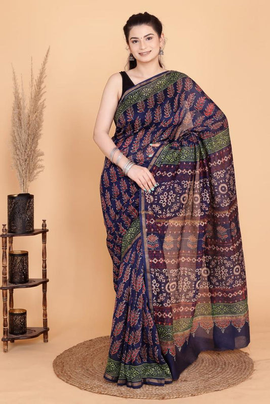 Blue Red Hand Block Printed Pure Chanderi Silk Saree