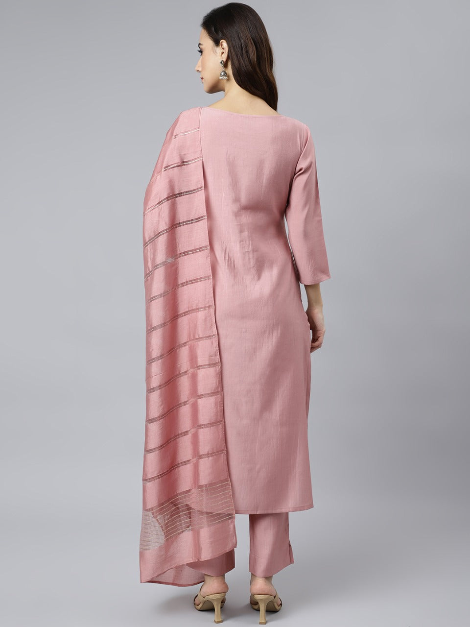 Pink Silk Blend Solid Kurti Pants With Dupatta