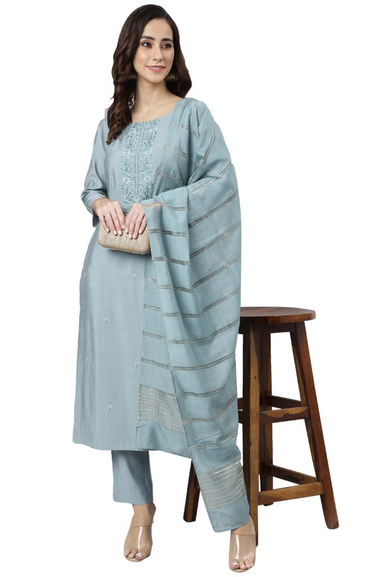 Greenish Blue Silk Blend Kurti Palazzo With Dupatta