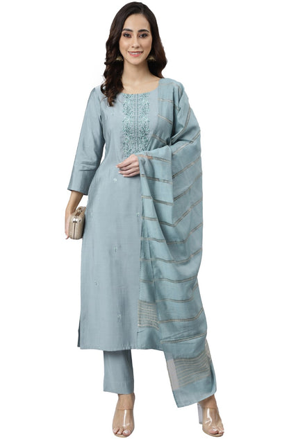 Greenish Blue Silk Blend Kurti Palazzo With Dupatta
